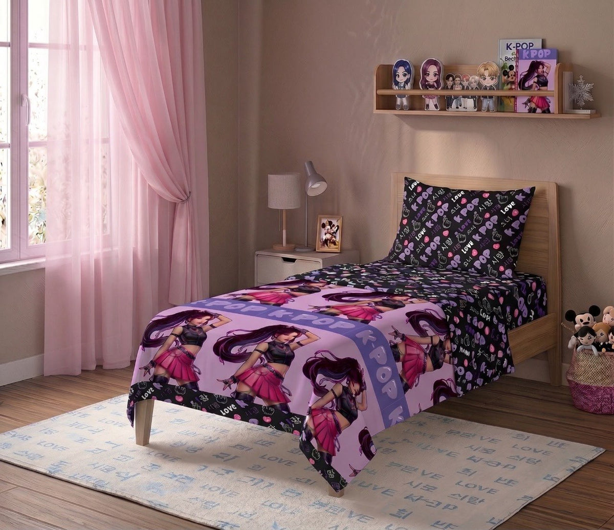 COMPLETO LETTO K-POP IN 100% PURO COTONE - Rosa e viola