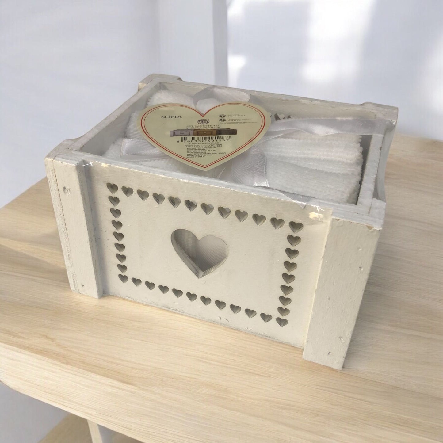 Set 4 lavette in puro cotone - Conf in legno - cuore di panna