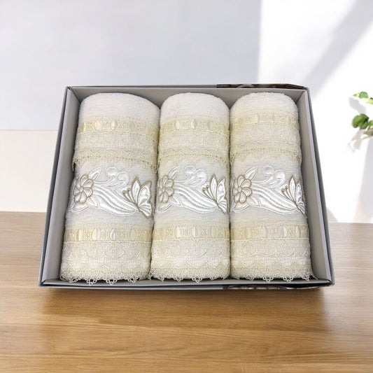 Set asciugamani  3 pezzi viso 3 pezzi ospite - ricamato panna