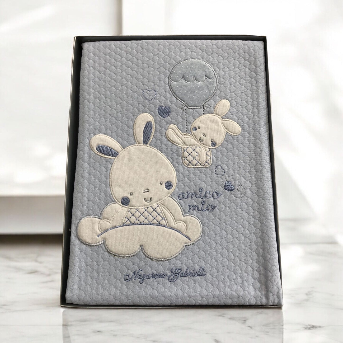 Copertina Culla ricamata orsetti grigio / blu-SKU0063