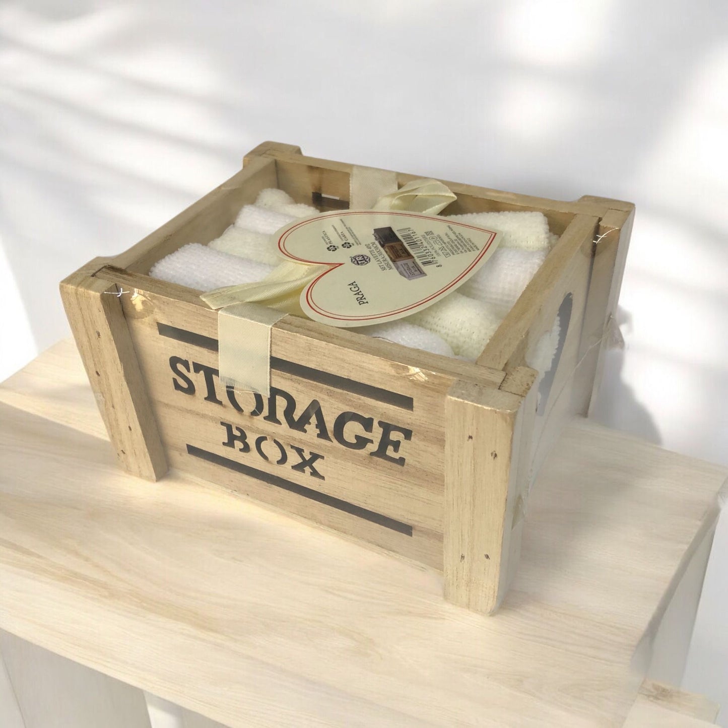 Set 4 lavette in puro cotone - Conf in legno - biaco e giallo paglierino.