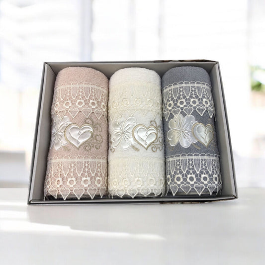 Set asciugamani  3 pezzi viso 3 pezzi ospite - tris ricamati (cipria - panna - fumo)