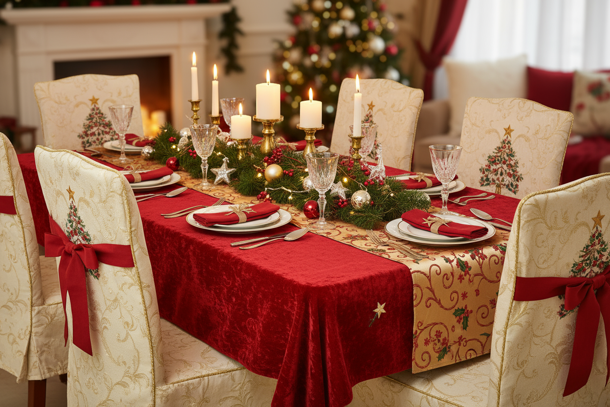 UNA TAVOLA INBANDIDA CON PRODOTTI NATIALZIAI COME TOVAGLIE, COPRITAVOLA, COPRISEDIE, CON ARIA NATALIZIA